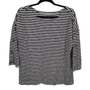 Talbots Womens large navy blue white stripe shoulder button detail 3/4 sleeve